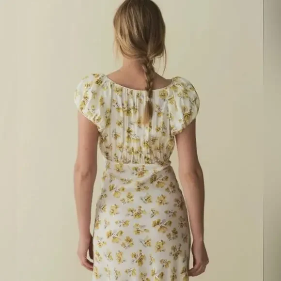 Doen Florencia Silk Short Puff Sleeve Midi Dress Yellow Gold Frolicking Floral